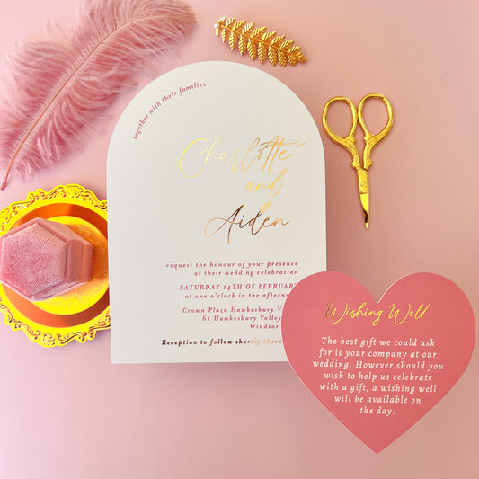 white and Gold arch foil wedding invitation 1