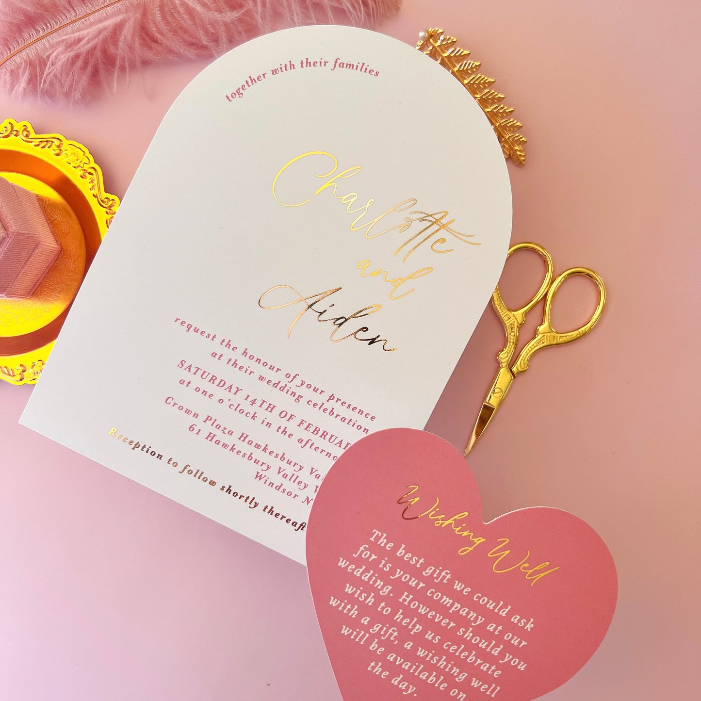 white and Gold arch foil wedding invitation 1