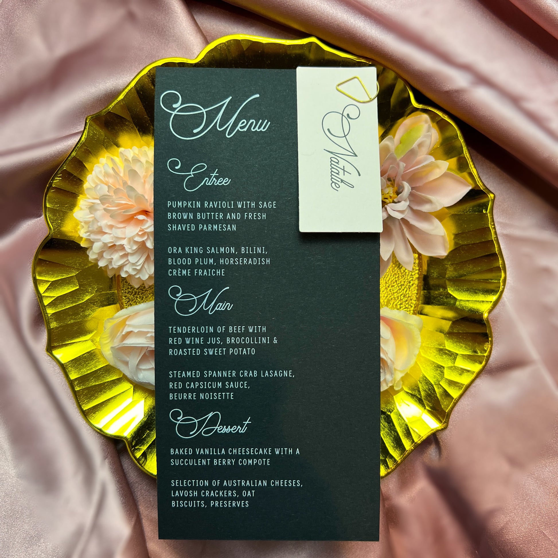 Black wedding menu with white ink printing and place card name tag