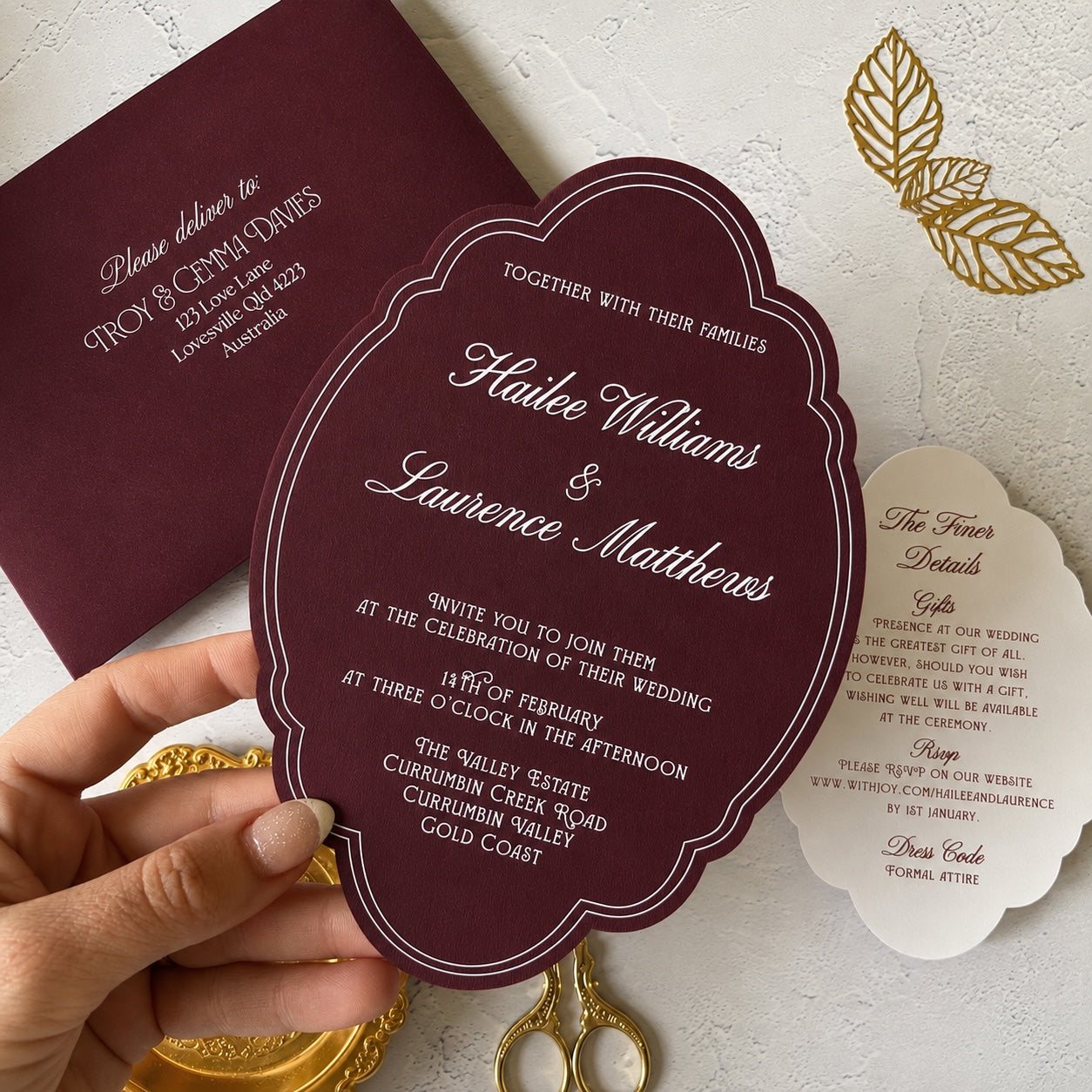 Prestige Burgundy Die Cut Wedding Invitation Set- Choose your shape and colour