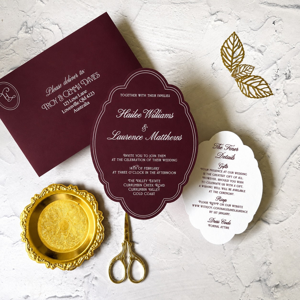 Prestige Burgundy Die Cut Wedding Invitation Set- Choose your shape and colour