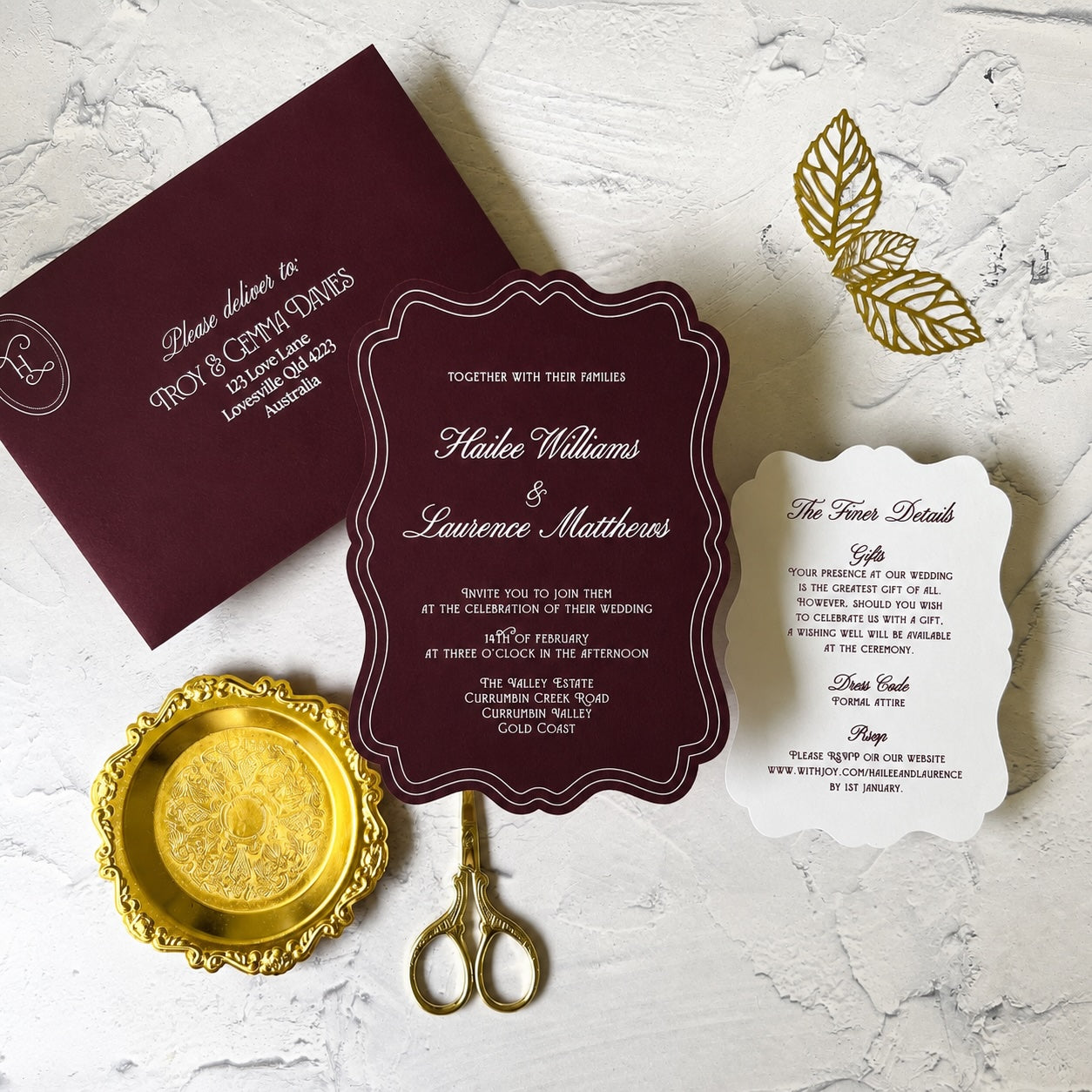 Prestige Burgundy Die Cut Wedding Invitation Set- Choose your shape and colour