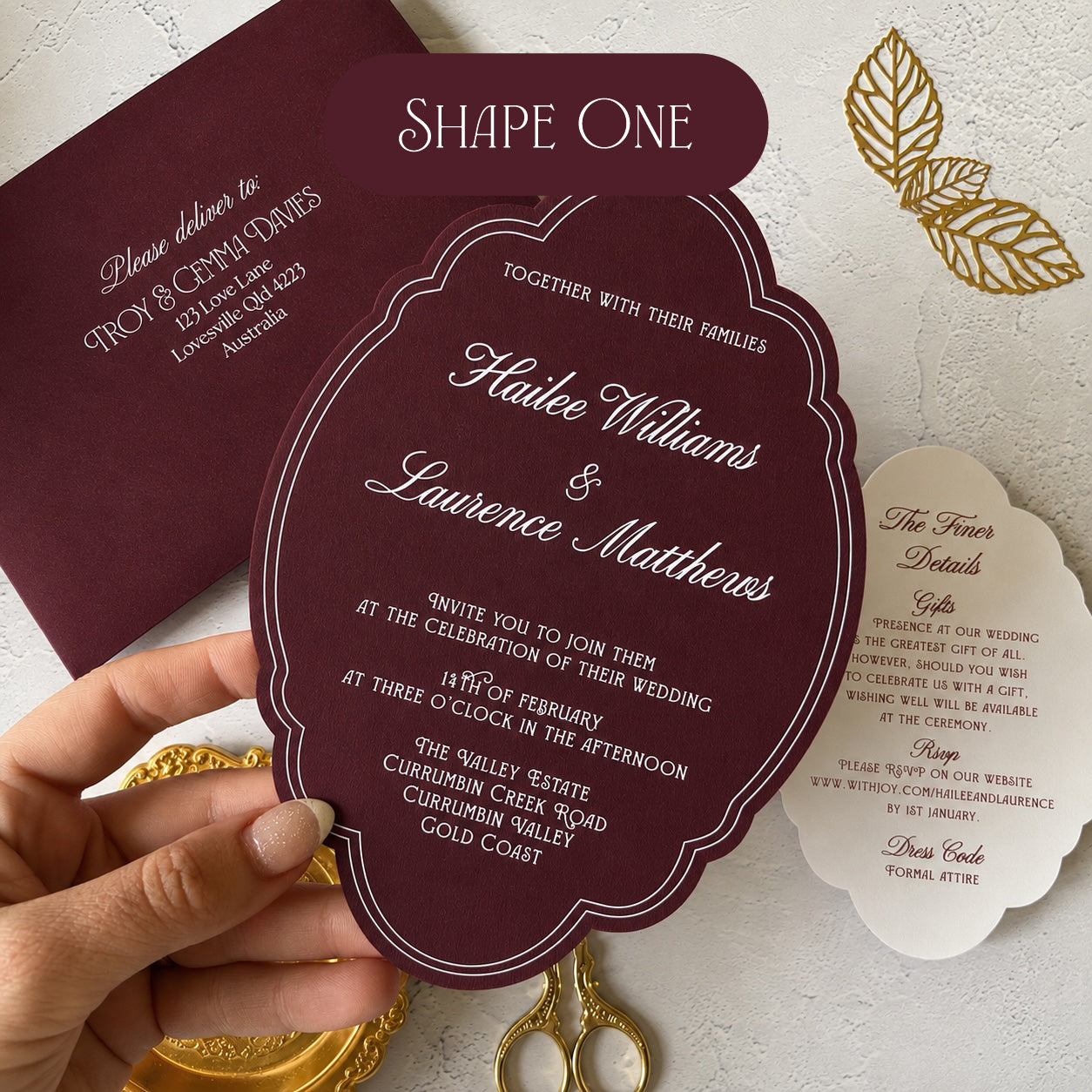 Prestige Burgundy Die Cut Wedding Invitation Set- Choose your shape and colour