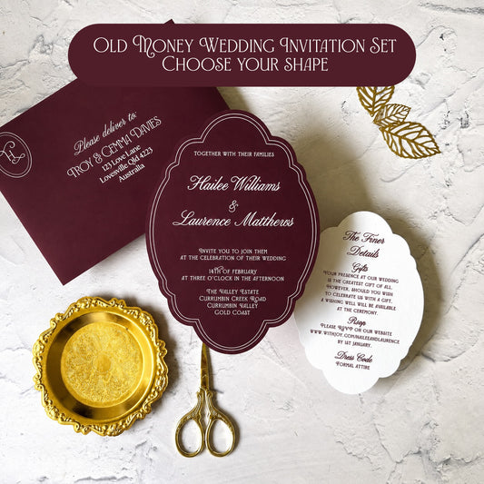 Prestige Burgundy Die Cut Wedding Invitation Set- Choose your shape and colour