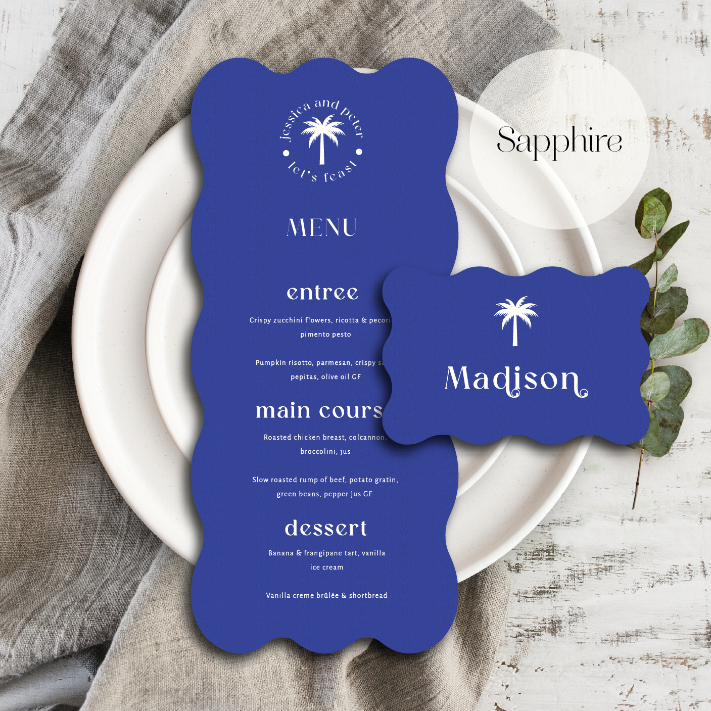 Palm tree wedding menu and place card sapphire