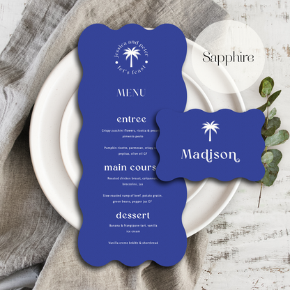 Palm tree wedding menu and place card sapphire