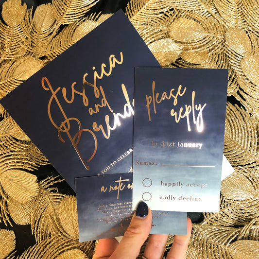 Navy Ombre Watercolour invitation with gold or silver foil