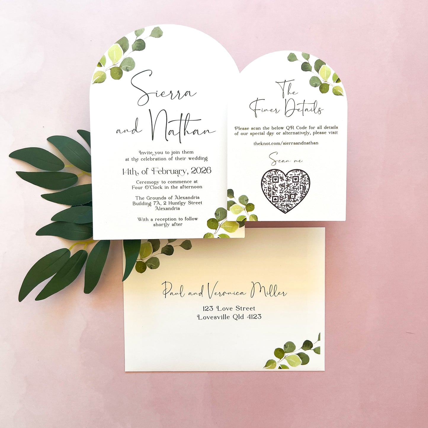 Sierra Invitation Set - Eucalyptus Arch Invite and Details / RSVP Card