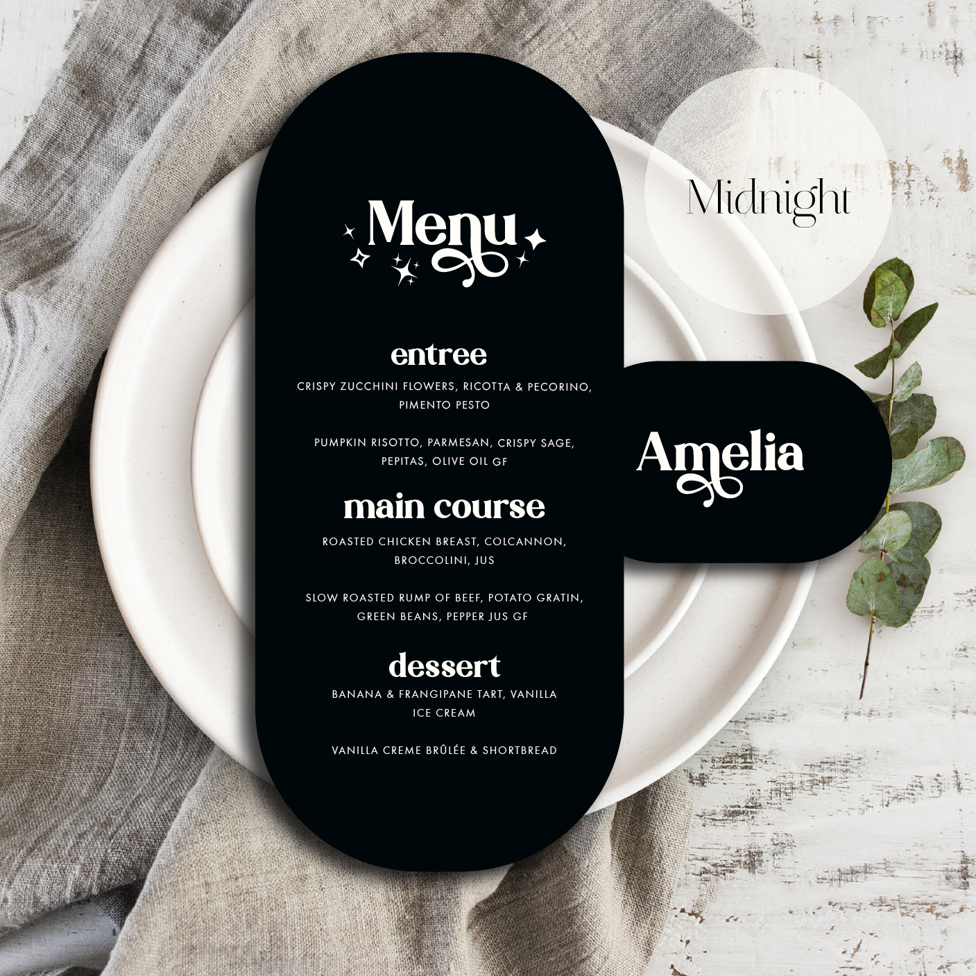 Stardust menu and place card set
