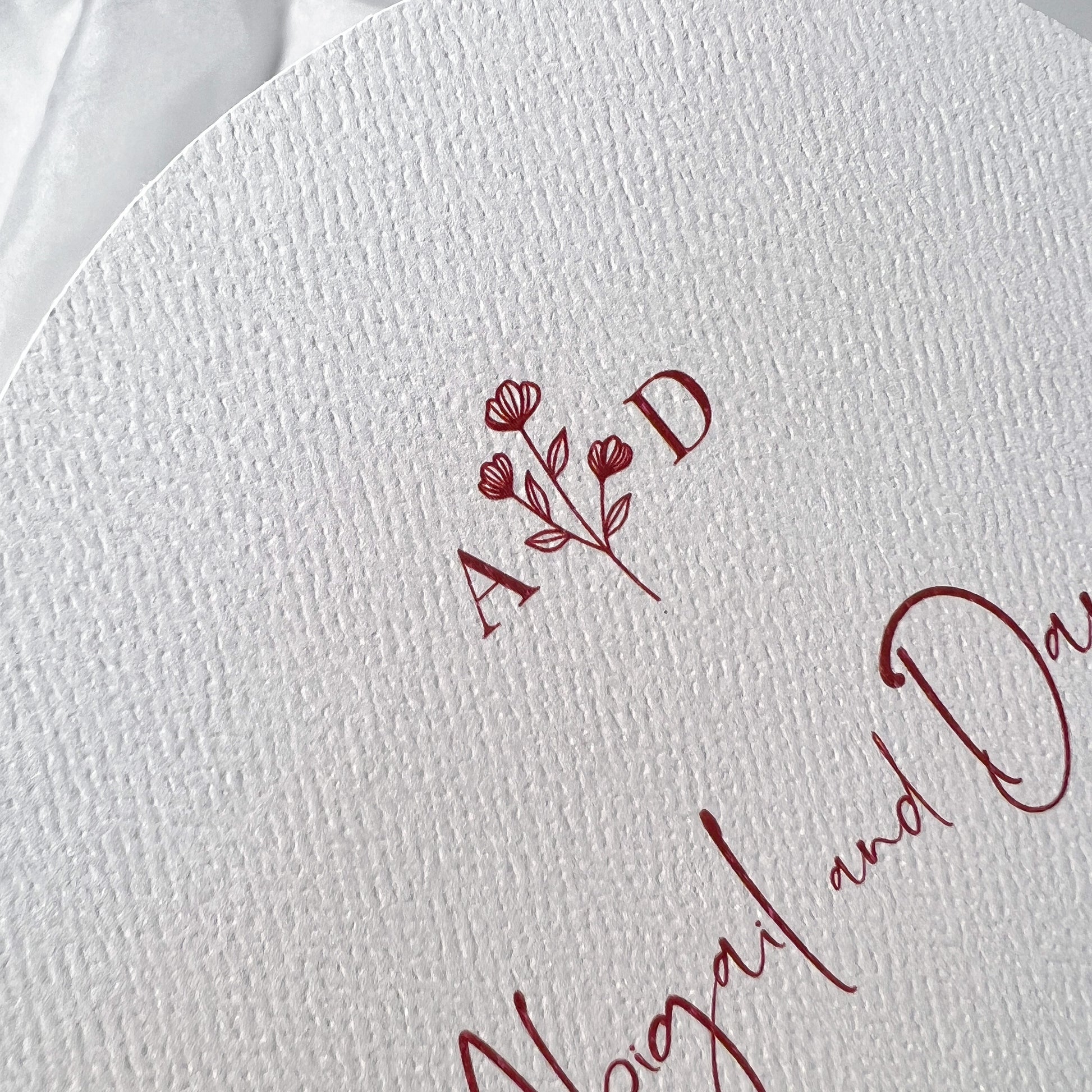 Burgundy and White Arch Wedding Invitation close up