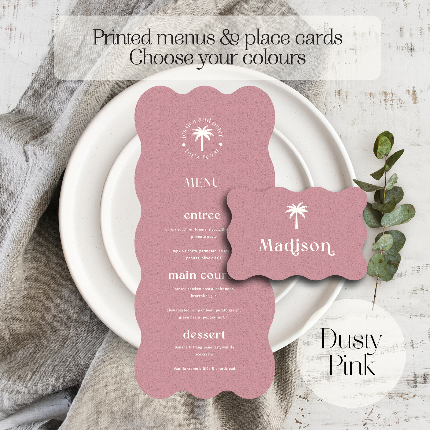 Palm tree wedding menu and place card dusty pink