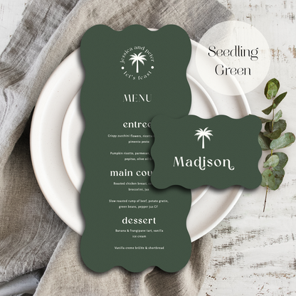 Tropical Bliss menu and place card set wave shape