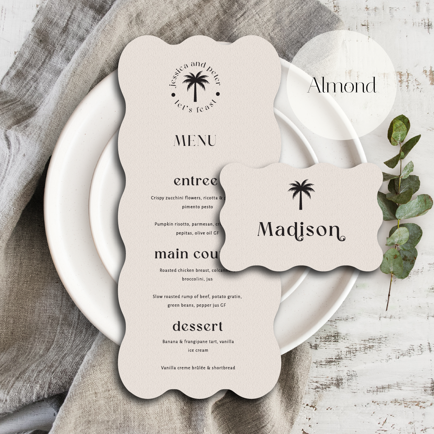 Palm tree wedding menu and place card almond