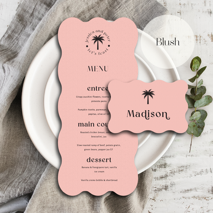 Palm tree wedding menu and place card blush