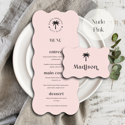 Palm tree wedding menu and place card nude pink
