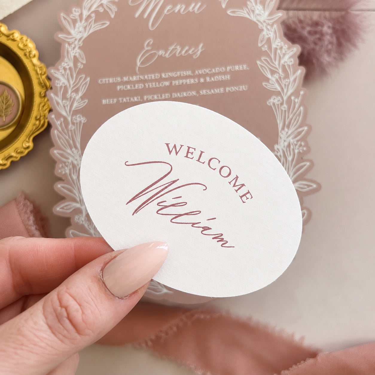 Valentina Oval Wedding Menu and Place Card
