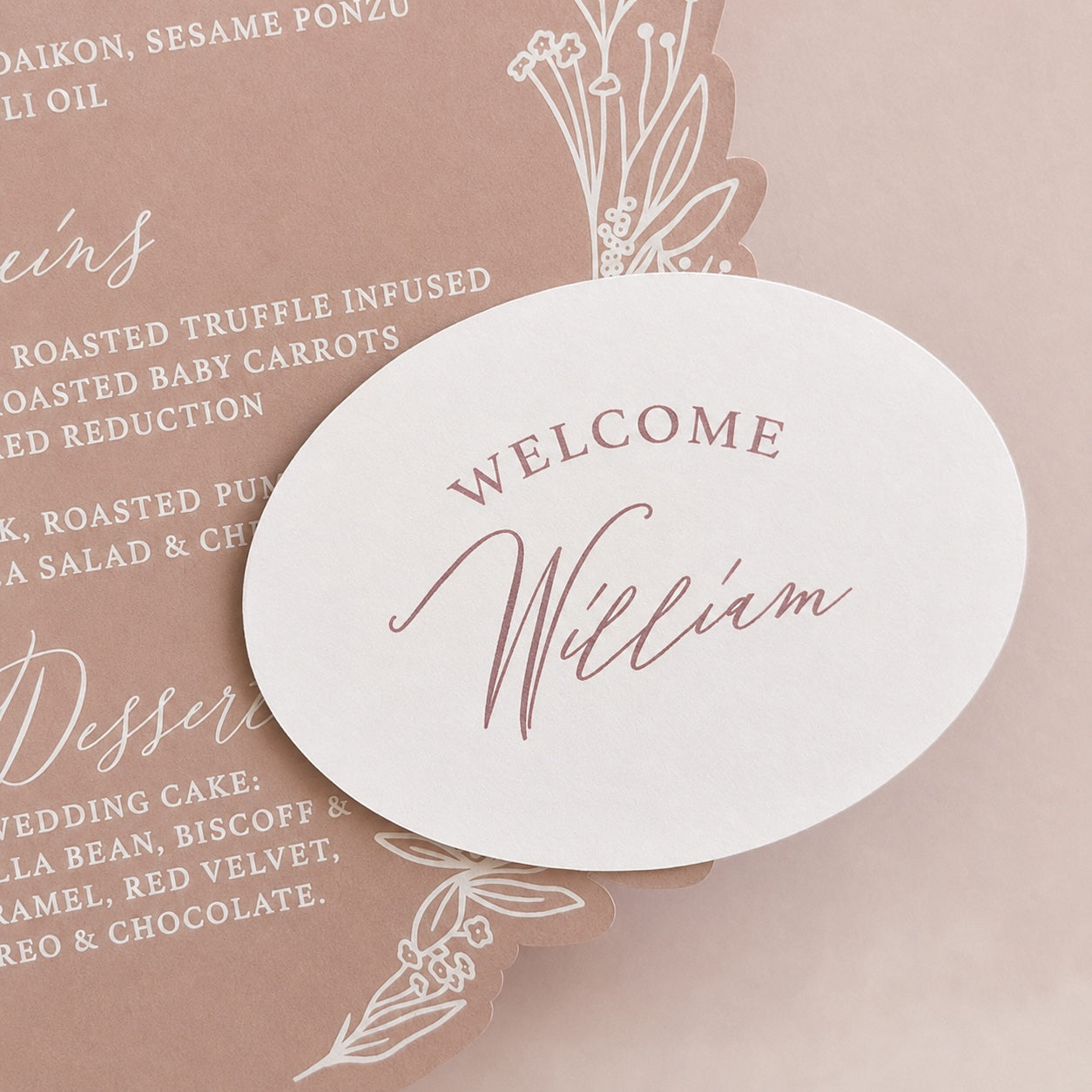 Valentina Oval Wedding Menu and Place Card