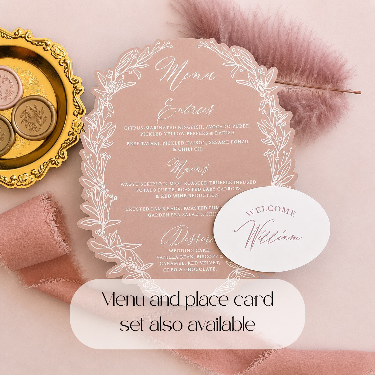Valentina Dusty Pink Oval Wedding Menu and Place Card