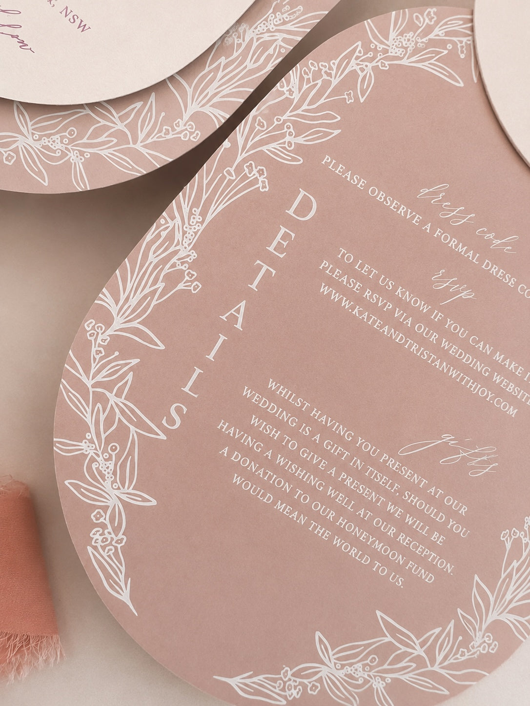 Close up fo Valentina Dusty Pink Oval Wedding Invitation