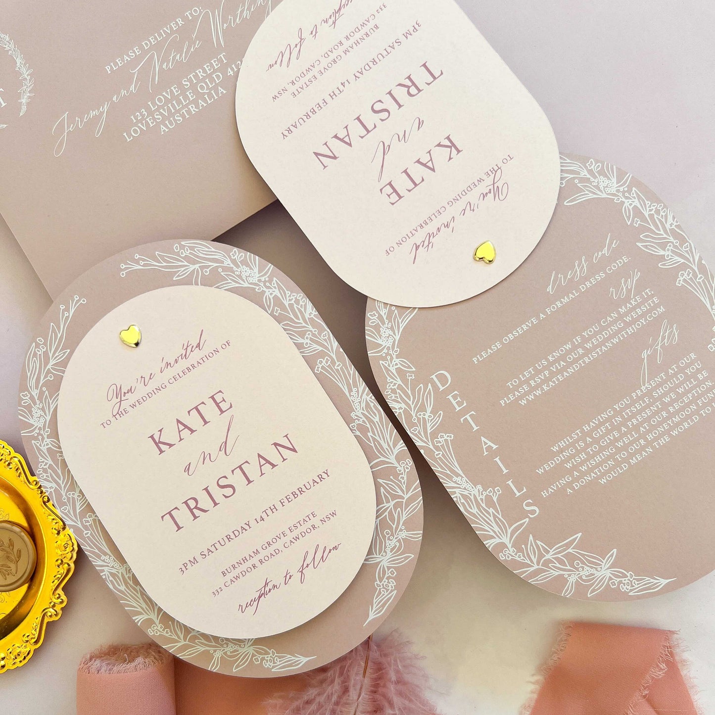 Wedding invitation cards with decorative elements on a soft background