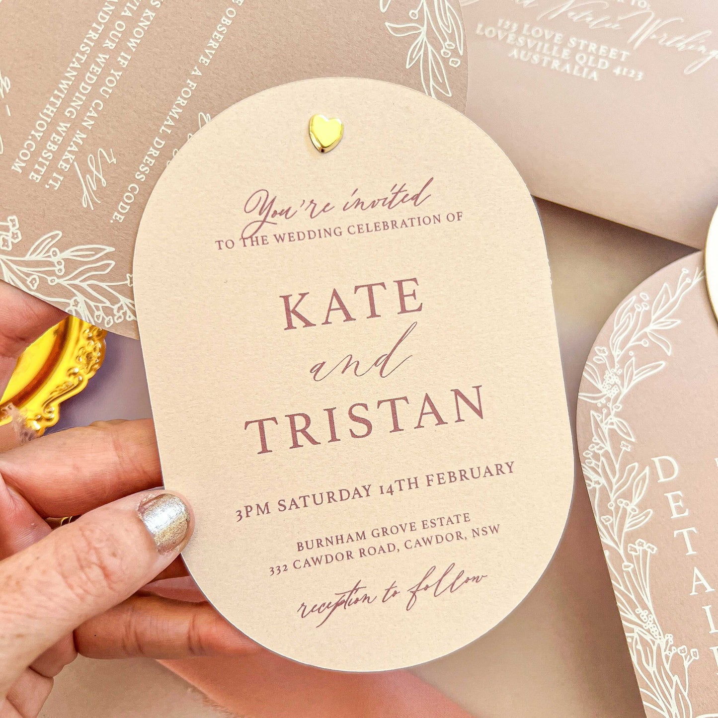Valentina Oval Layered Pink Wedding Invitation Suite