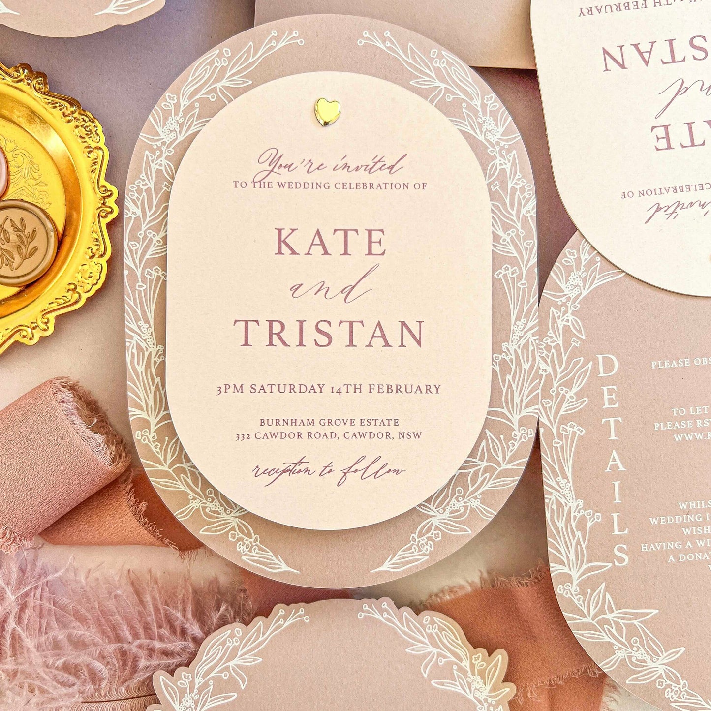 Valentina Oval Layered Pink Wedding Invitation Suite