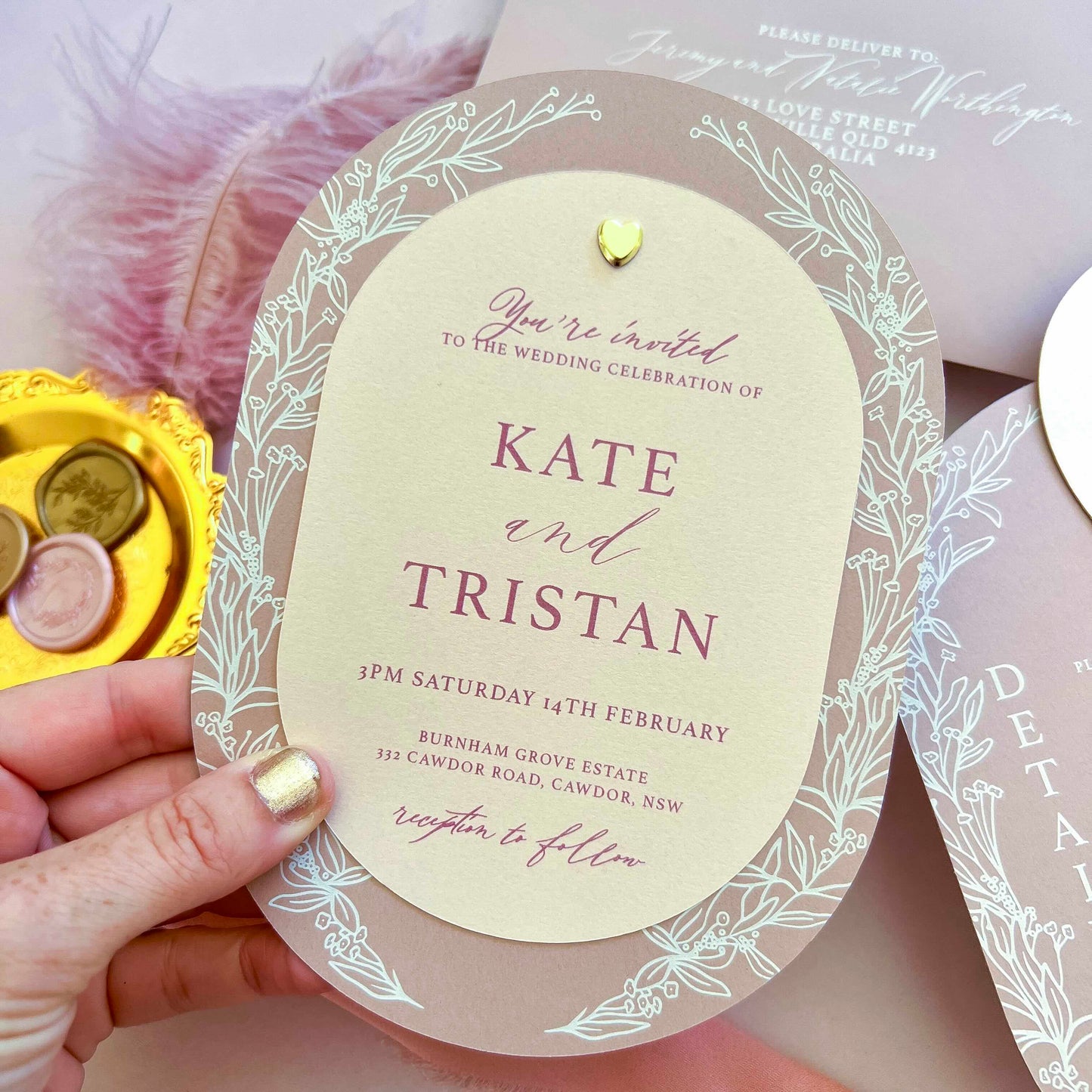 Valentina Oval Layered Pink Wedding Invitation Suite