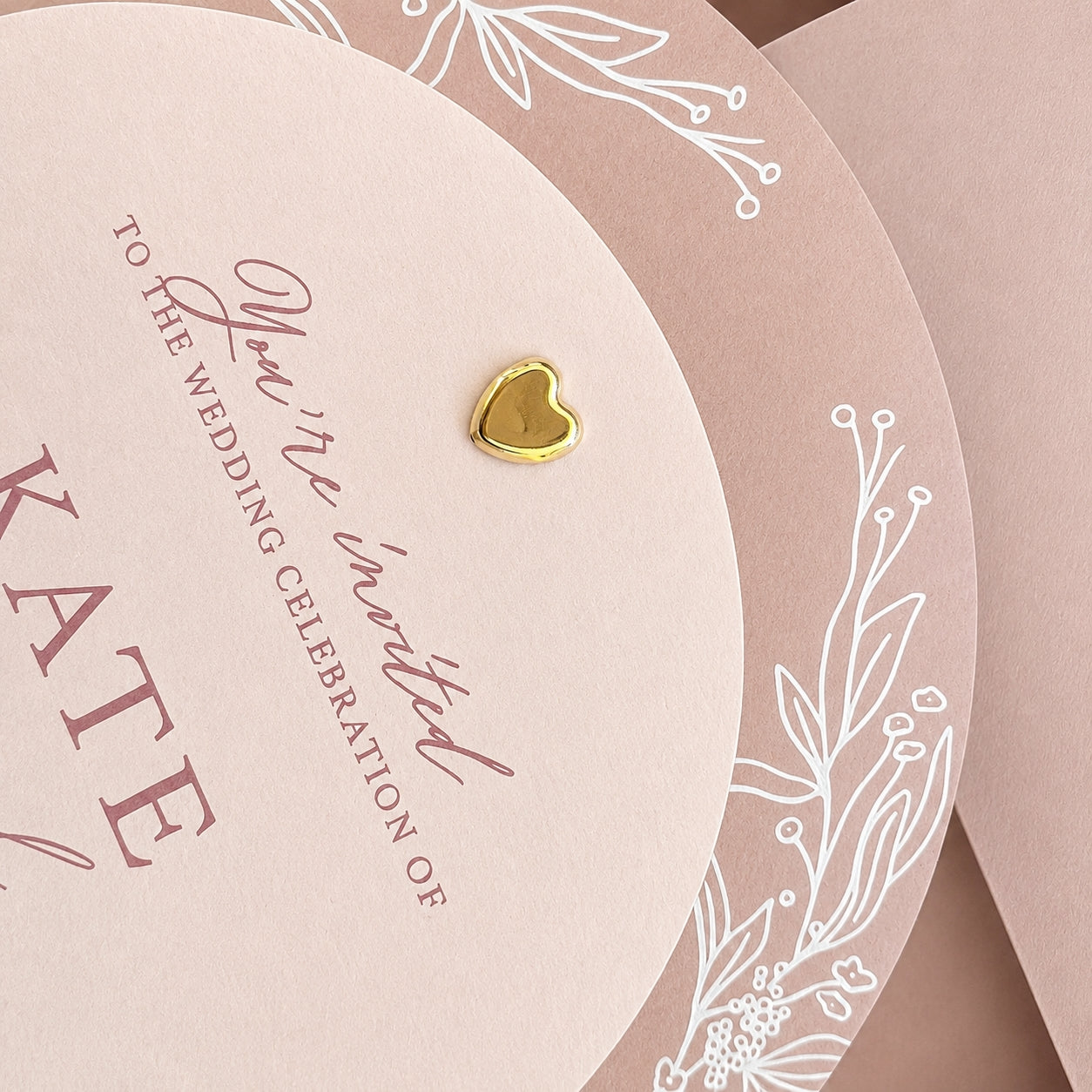 Close up fo Valentina Dusty Pink Oval Wedding Invitation