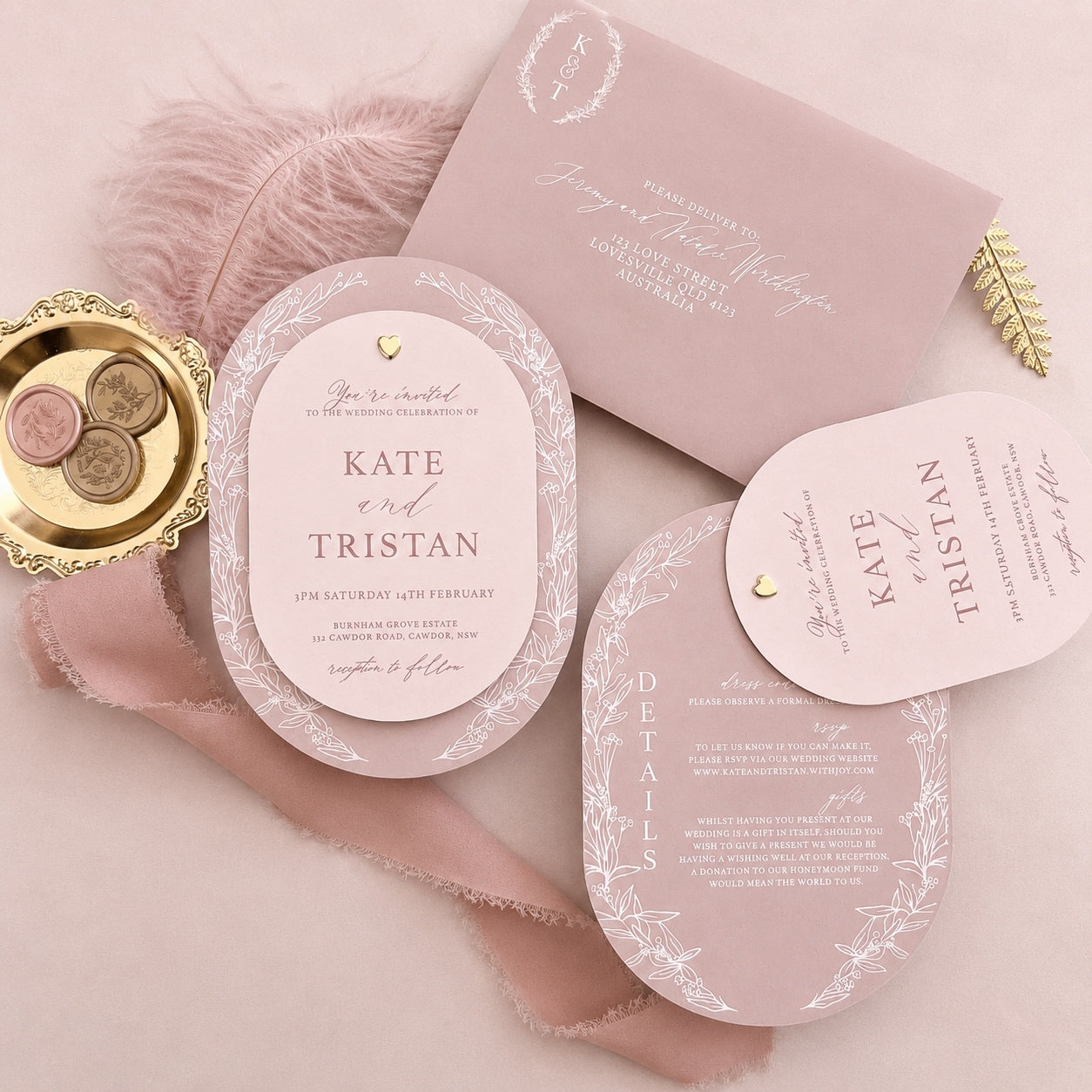 Dusty Pink and Blush Oval Layered Wedding Invitation Set