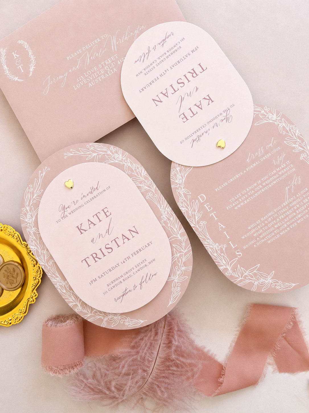 Valentina Dusty Pink Oval Wedding Invitation Set