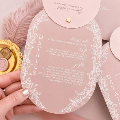 Details  Valentina Dusty Pink Oval Wedding Invitation
