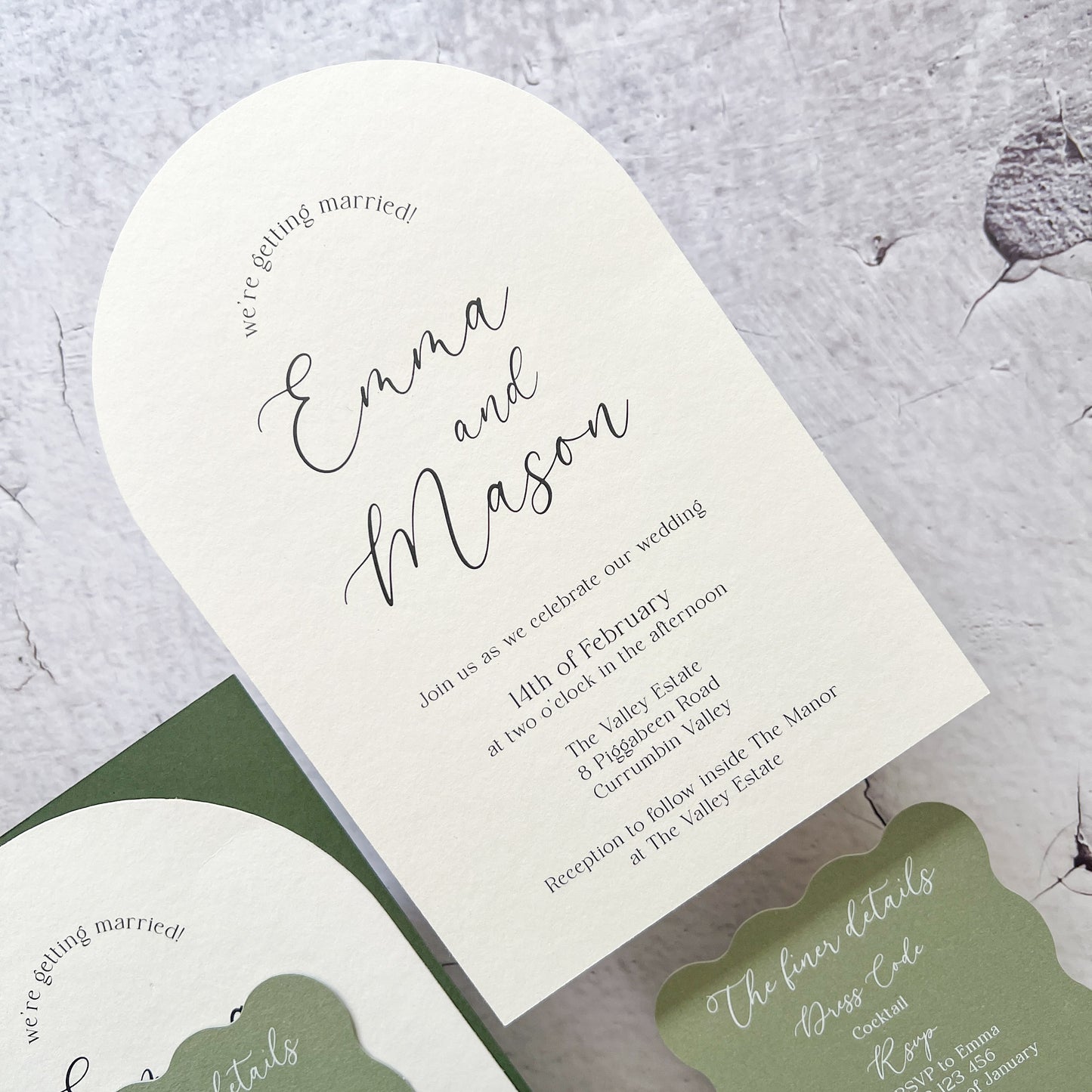 Serenity Arch Pocket Invitation Suite in Hillside Green