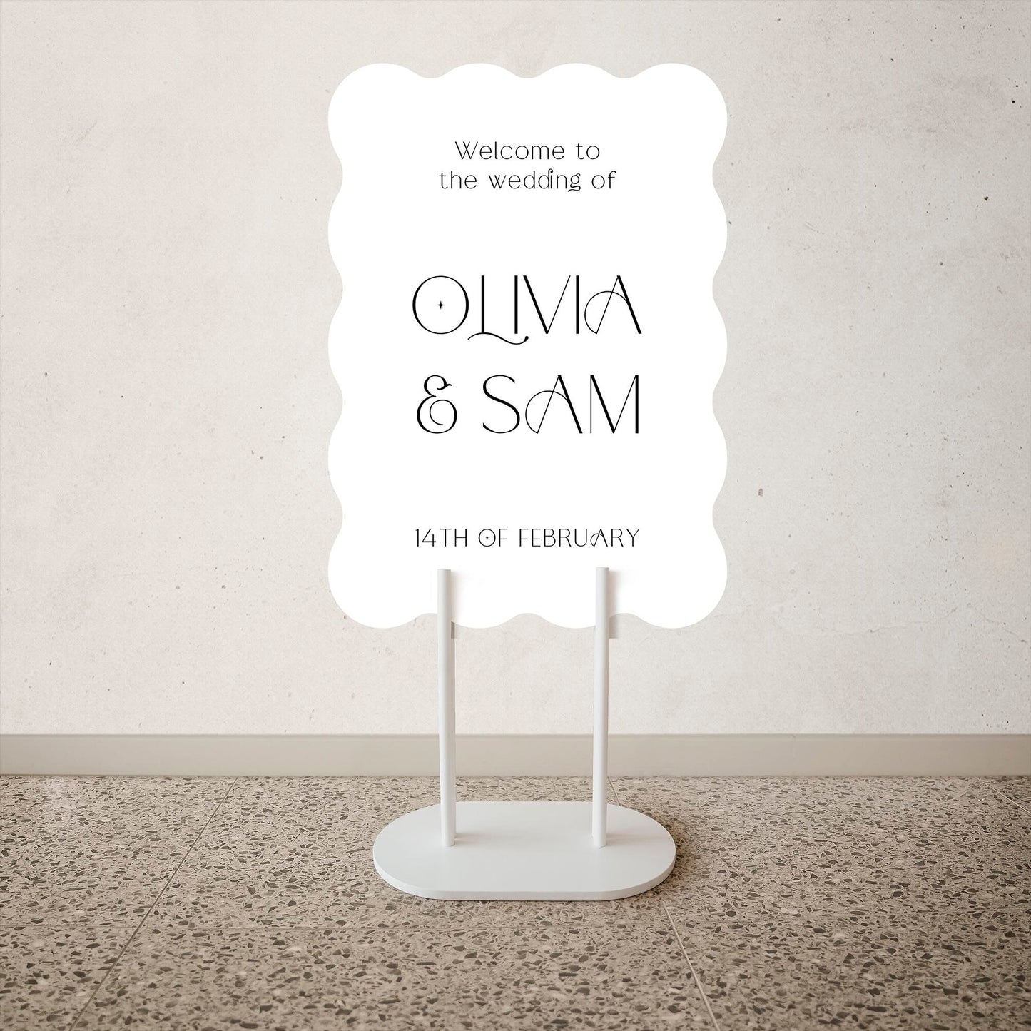 Wave Shape Wedding Welcome Sign White wedding sign with 'Welcome to the wedding of Olivia & Sam' text on a neutral background