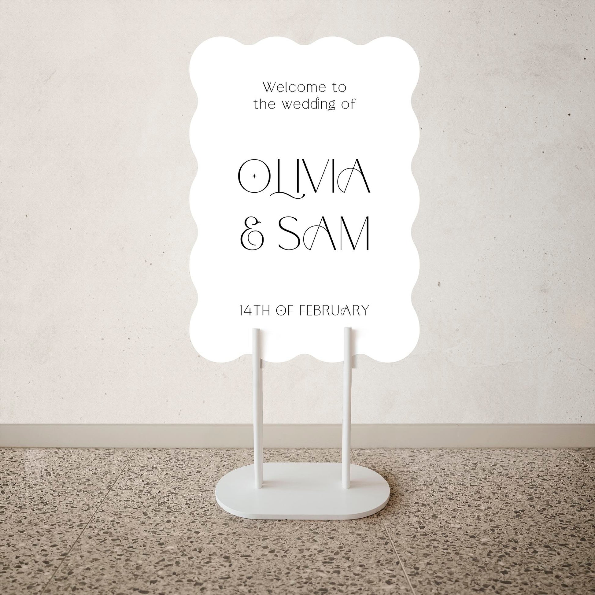 Wave Shape Wedding Welcome Sign White wedding sign with 'Welcome to the wedding of Olivia & Sam' text on a neutral background