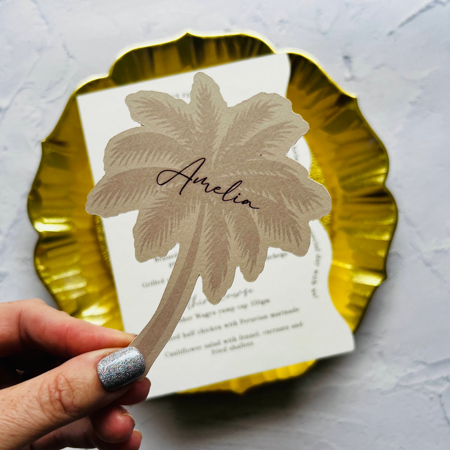 Whitsunday Wavy Menu with Palm Tree Place Card