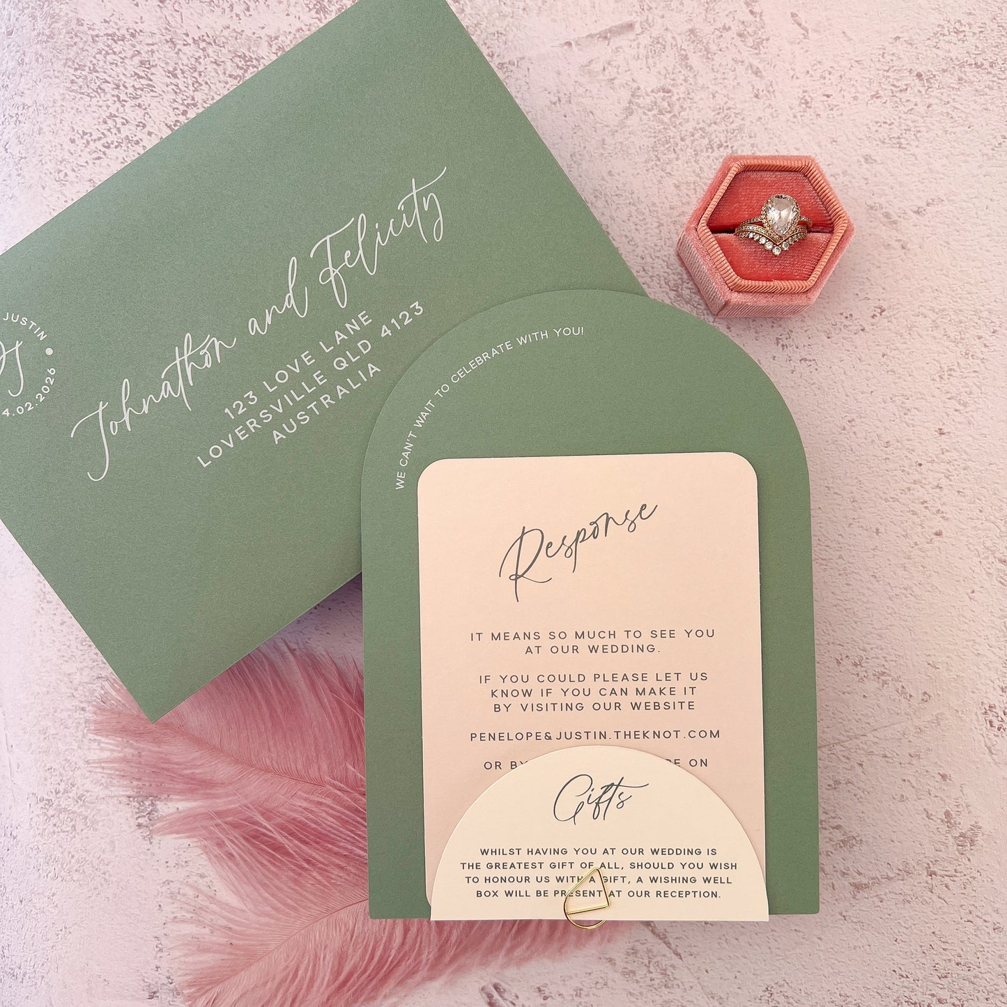 Whimsical Sage Green Layered Arch Invitation Set