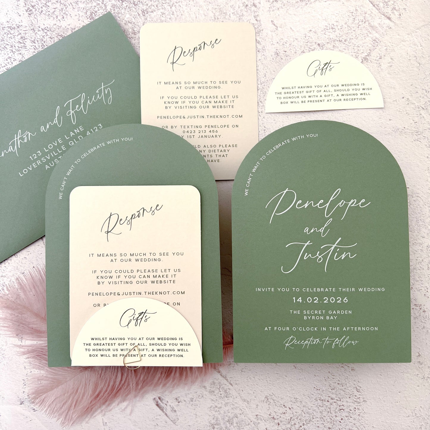 Whimsical Sage Green Layered Arch Invitation Set