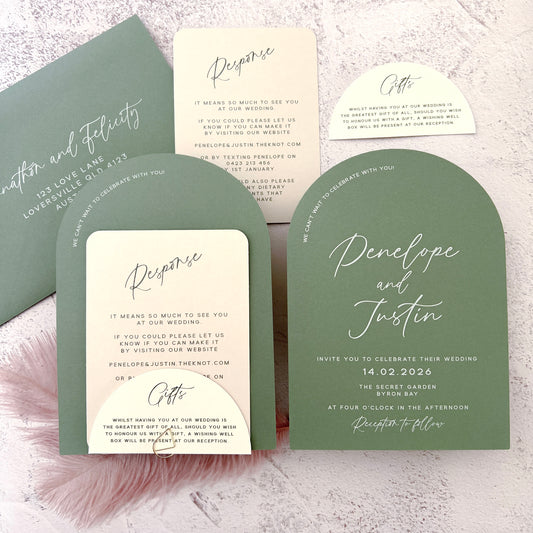 Whimsical Sage Green Layered Arch Invitation Set