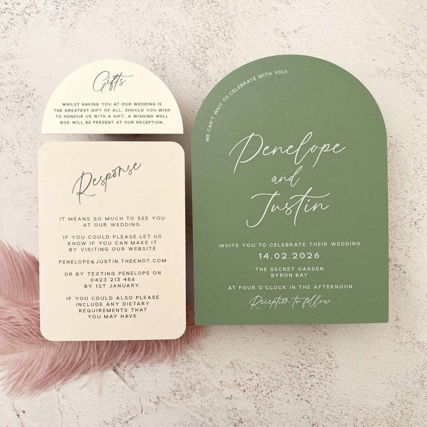 Whimsical Sage Green Layered Arch Invitation Set