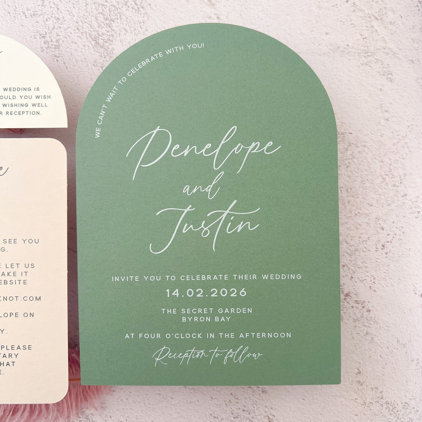 Whimsical Sage Green Layered Arch Invitation Set
