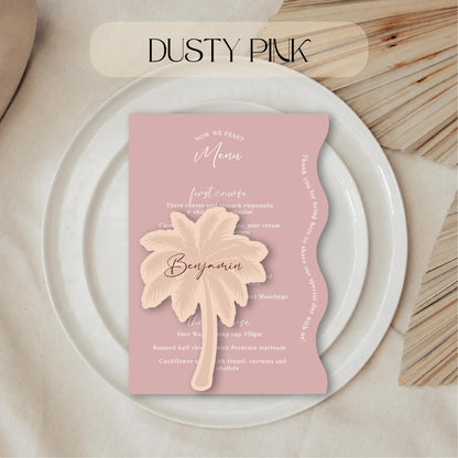 Dusty pink menu card with palm tree design on a white plate.