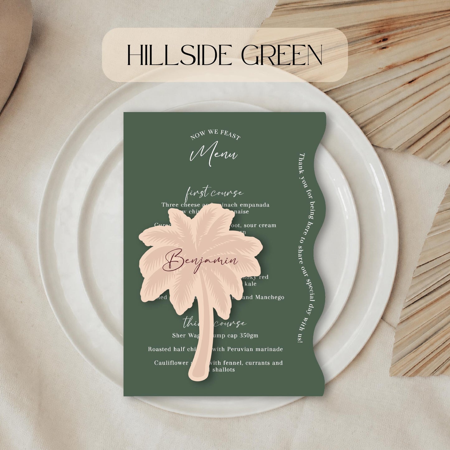 Green Wavy menu card with palm tree place card on a white plate