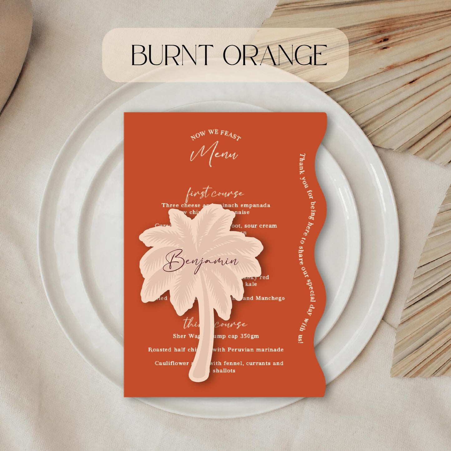 Burnt Orange Wavy menu card with palm tree place card