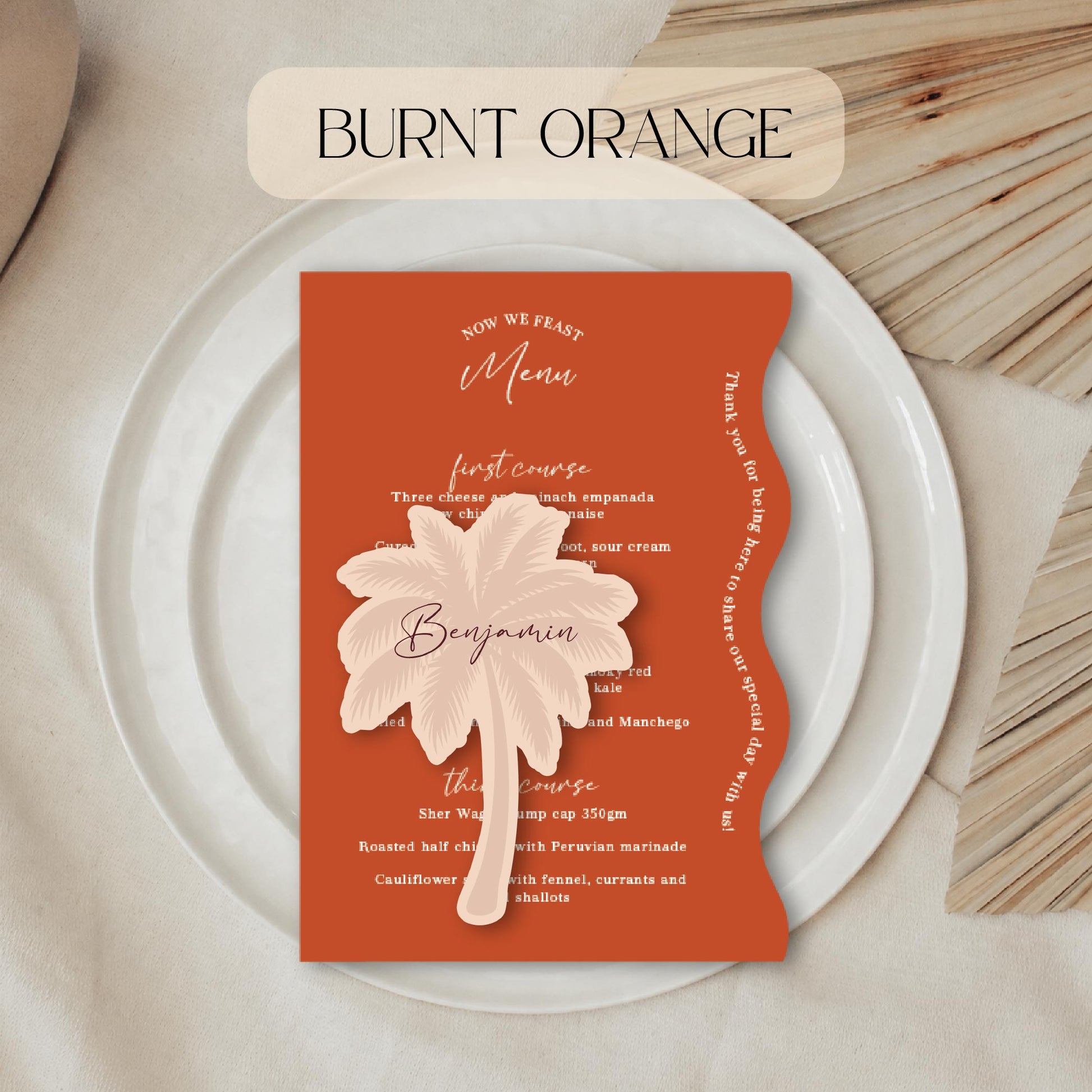 Burnt Orange Wavy menu card with palm tree place card