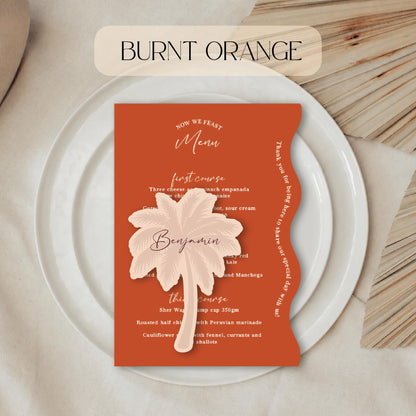Burnt Orange Wavy menu card with palm tree place card