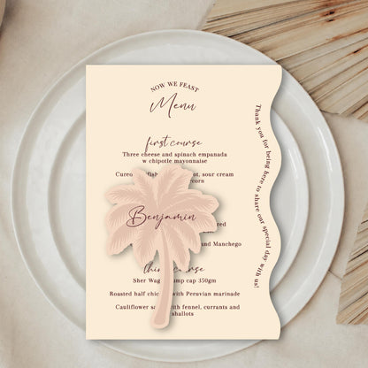 Wavy menu card with palm tree place card