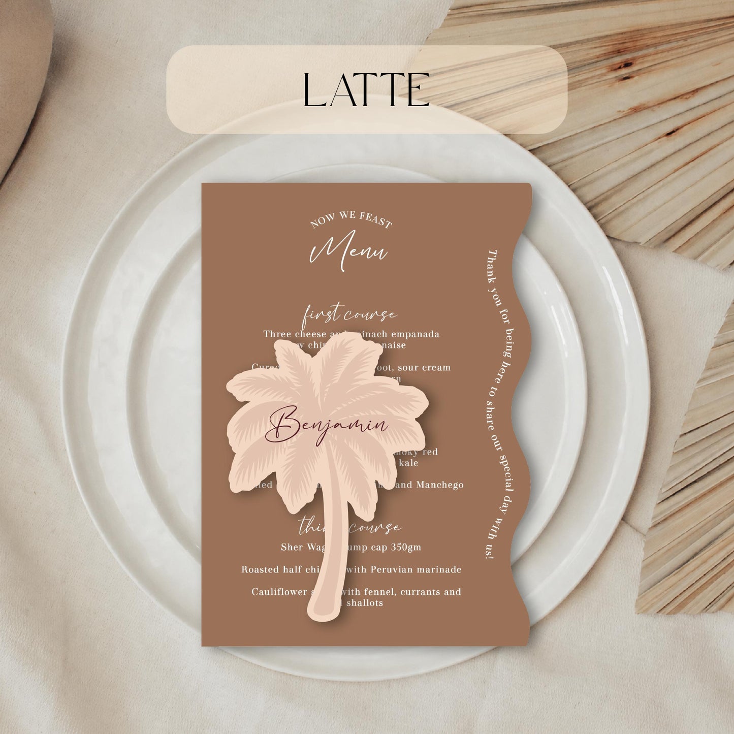 Brown wedding Wavy menu card with palm tree place card
