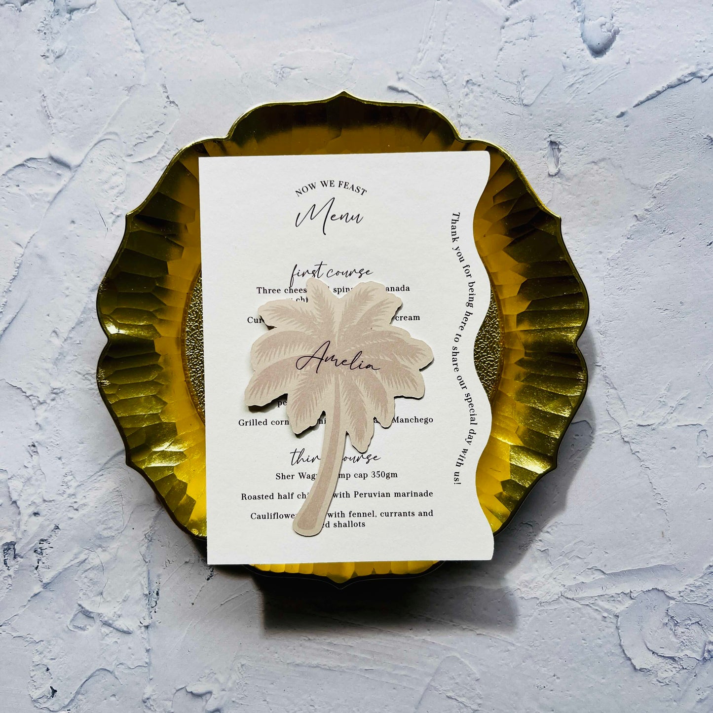 Whitsunday Wavy Menu with Palm Tree Place Card