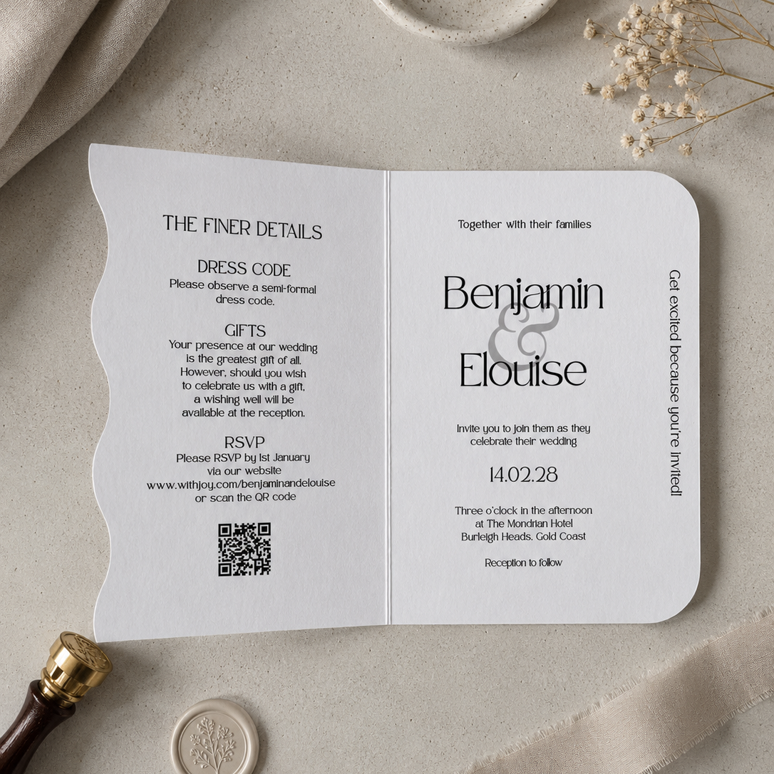 Wedding invitation card with RSVP details on a neutral background