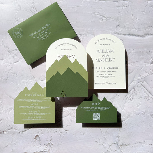Arch and mountain shape die cut rustic wilderness wedding invitation set